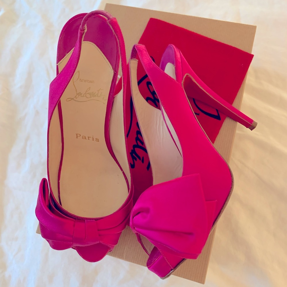 Auth Christian Louboutin 37 Very Noed 120 Fuxia Satin Slingback Women’s Heel